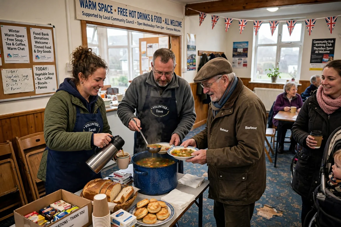 Volunteers serving hot drinks and food at a community warm space