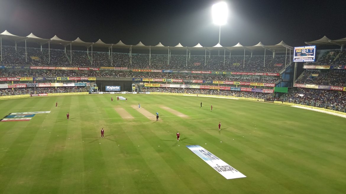 Sri Lanka chase – a batsman playing a shot under floodlights