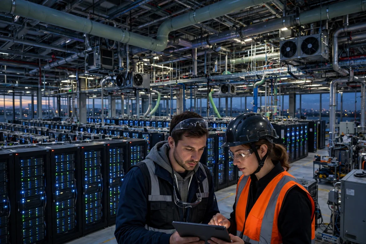 Rows of servers inside a large artificial intelligence data center
